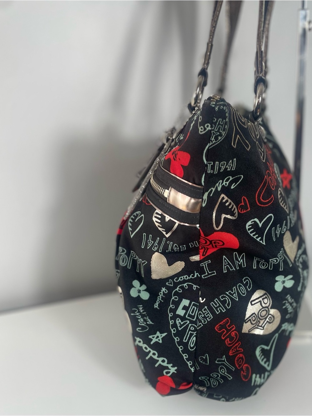 Coach Poppy Black Tote with Red, White and Silver Accents - Picture 9 of 15